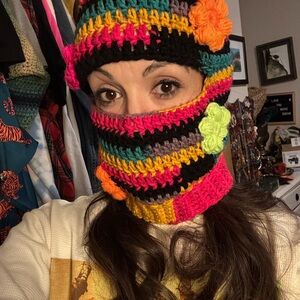 Colorful Striped/Puff Flower Crochet Ski Mask